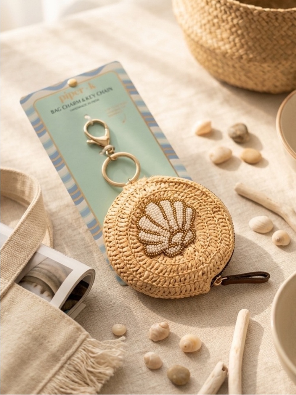 Piper K Natural Straw Shell Key & Card Holder